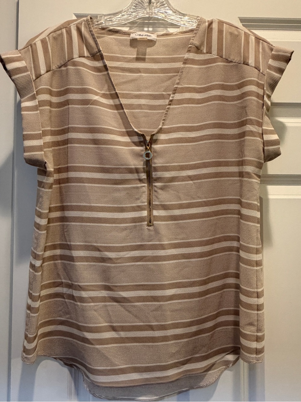 Calvin Klein Neutral Stripe Zip-Front Short Sleeve Top